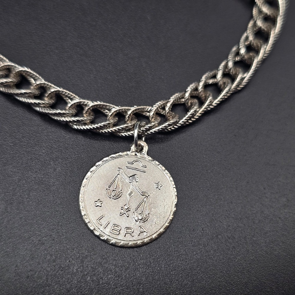 Vintage Libra Charm Bracelet Silver Tone Zodiac Astrology Costume Jewelry